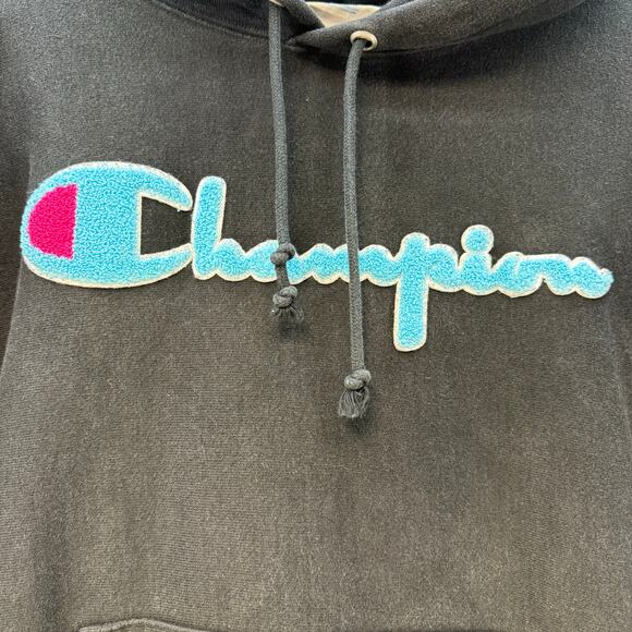 Champion Hoodie Unisex M Black Teal Pink Script Reverse Weave Logo Casual - Picture 3 of 12